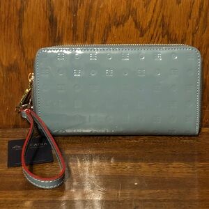 NWT-Arcadia-Zip Wallet-Embossed Logo Design-Patent Leather-Mid Blue-Italian